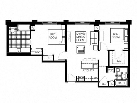 the floor plan of the house has bedrooms and a large living room